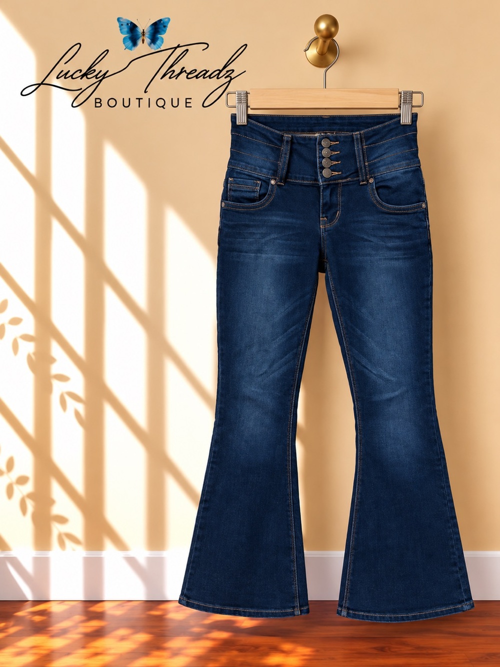 High Rise Flare Bell Bottom Jeans Dark Wash 4 Button Fly Booty Lift Size 1